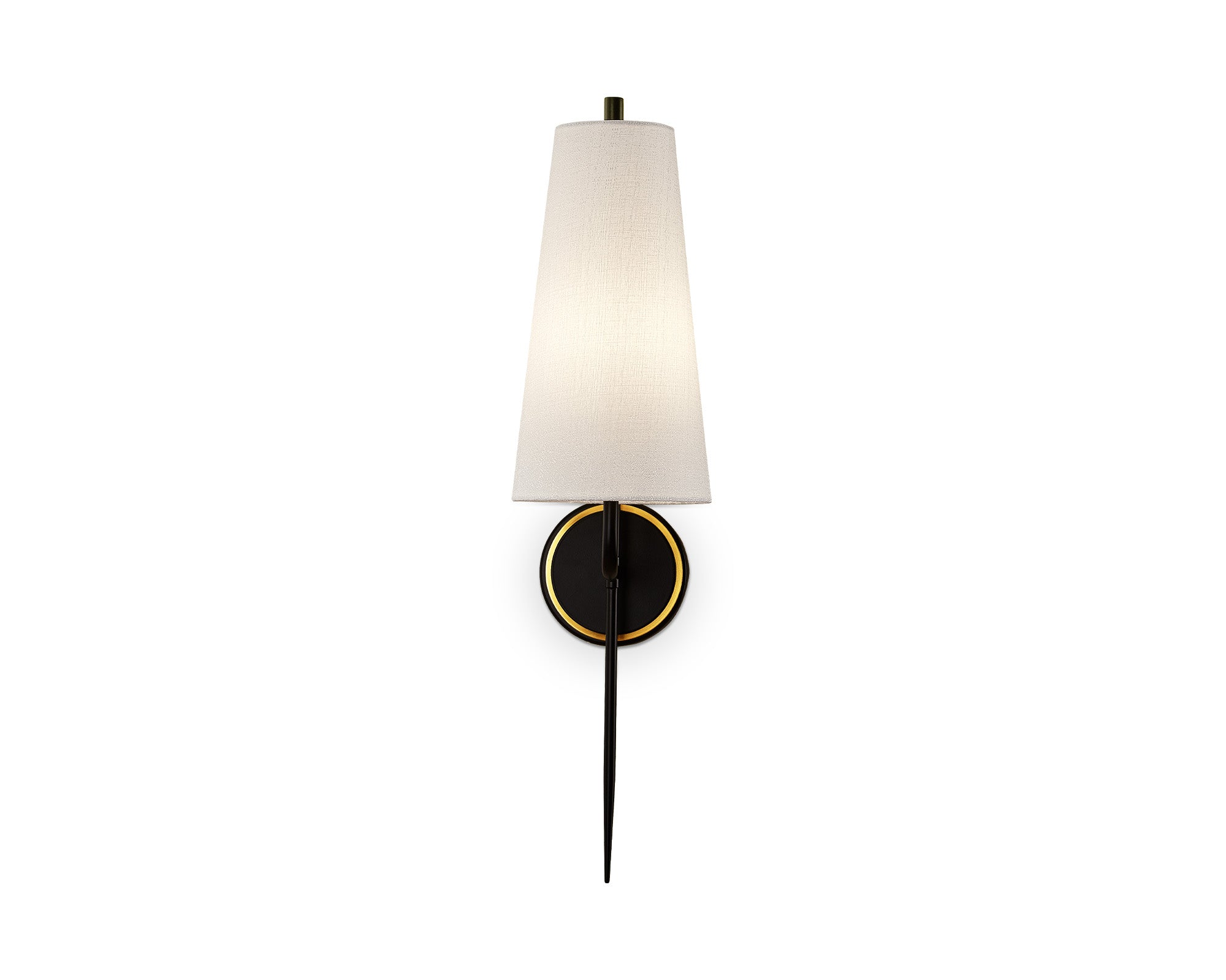 Serpa Wall Light by Liang & Eimil with white linen shade, black iron frame, and brushed brass accents