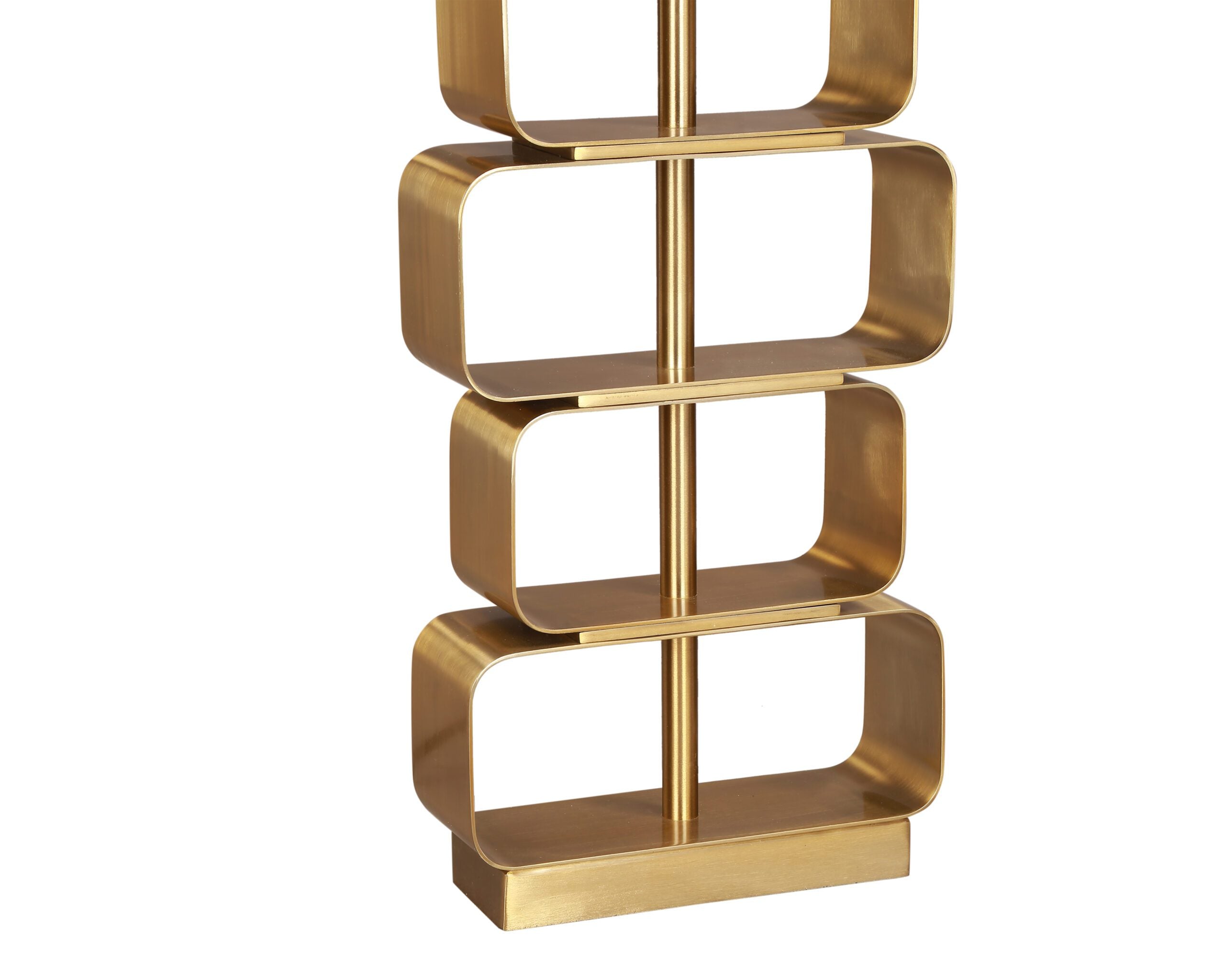 Trento Table Lamp by Liang & Eimil featuring a brushed brass stacked rectangle frame and black fabric shade with gold lining