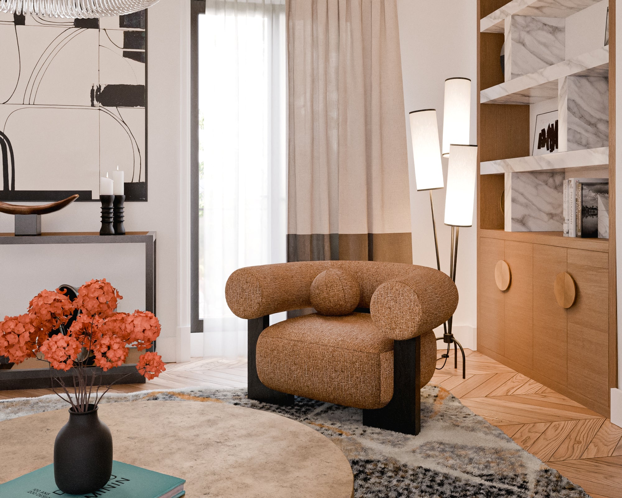 Trevi Floor Lamp by Liang & Eimil featuring a white linen shade with black borders and a black metal frame