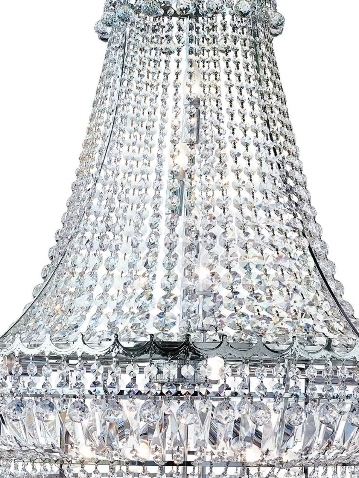 Close-up showcasing the intricate clear crystal detailing throughout the chandelier