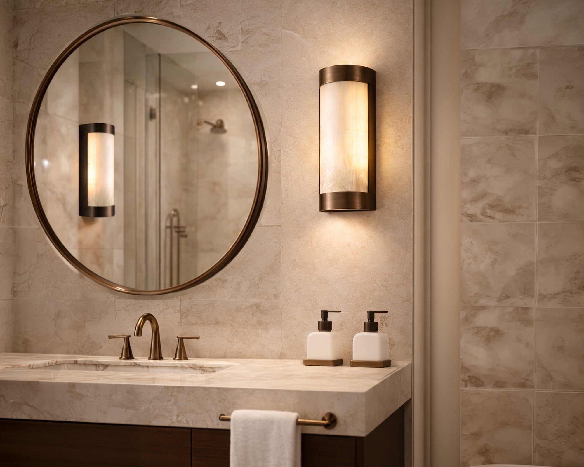 Vetra IP44 Wall Light by Liang & Eimil featuring genuine white selenite and brushed bronze detailing