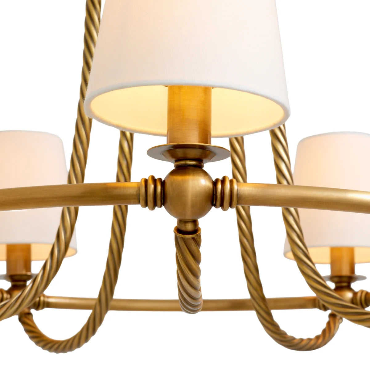 Vienna L Chandelier featuring an intricately twisted sculptural brass frame