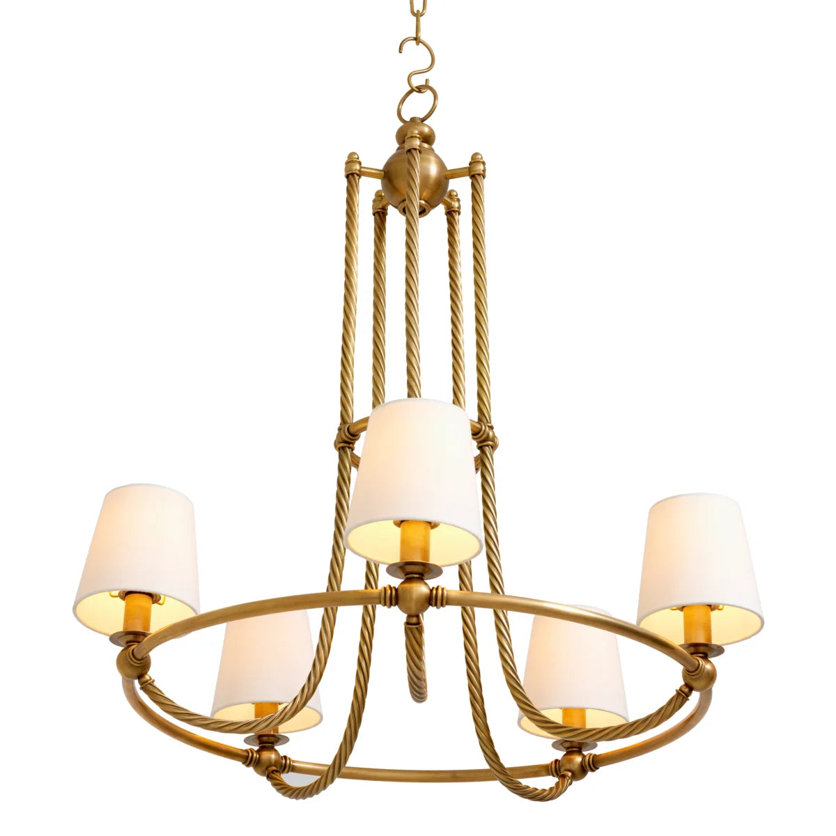 Close-up of the Vienna L Chandelier’s ornate vintage brass detailing