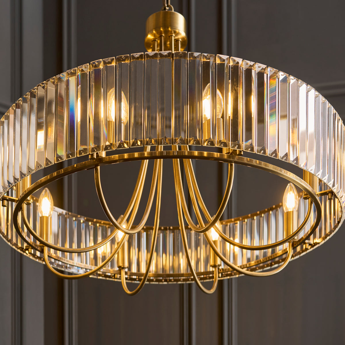 Close-up highlighting the warm antique brass plated metalwork